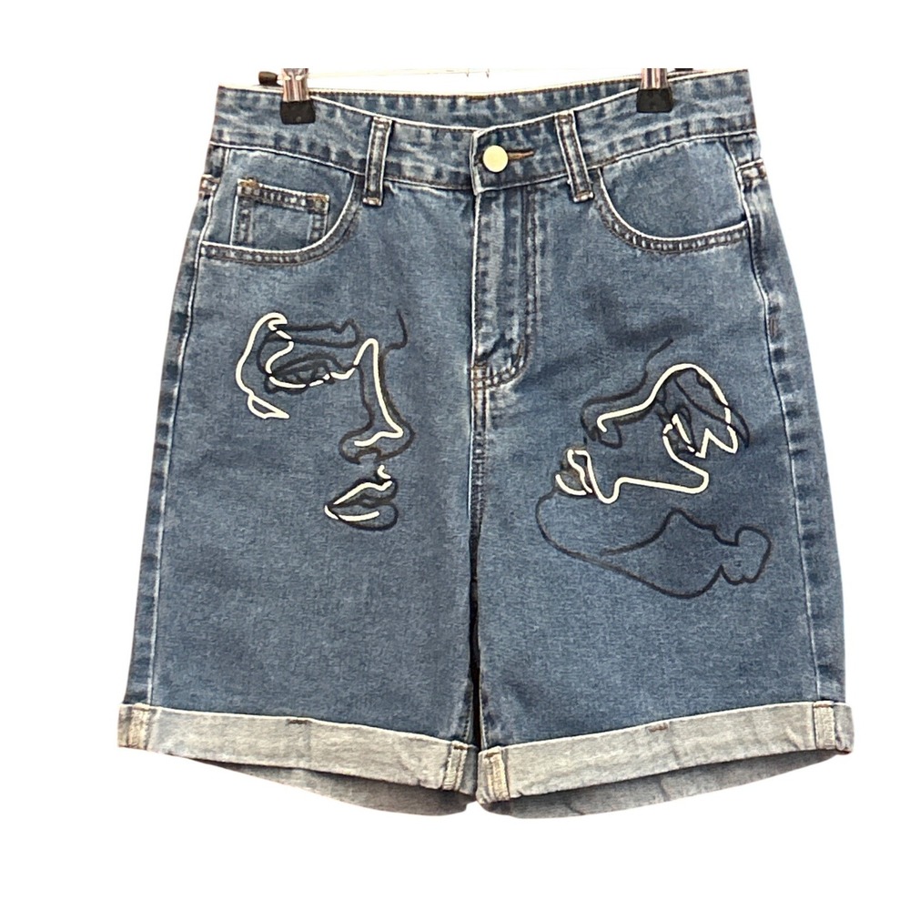 Denim Shorts Minimalist Line Art Face Embroidery Medium Retro Abstract Electic
